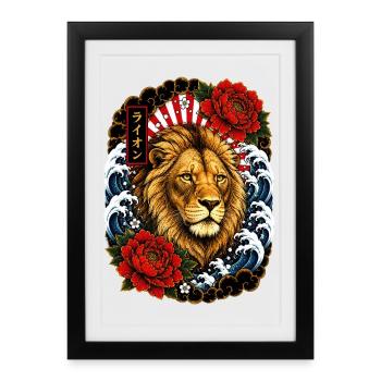 Löwe im japanischen Irezumi Tattoo Stil - Gerahmtes Poster (27 × 37 cm) - Schwarz - Vorne