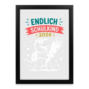 Endlich Schulkind 2026 Dino - Gerahmtes Poster (27 × 37 cm) - Schwarz - Vorne
