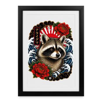 Waschbär im japanischen Irezumi Tattoo Stil - Gerahmtes Poster (27 × 37 cm) - Schwarz - Vorne