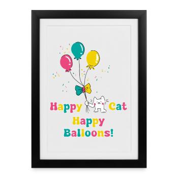 Chat heureux, baloons heureux - Affiche encadrée (27 × 37 cm) - noir - Devant