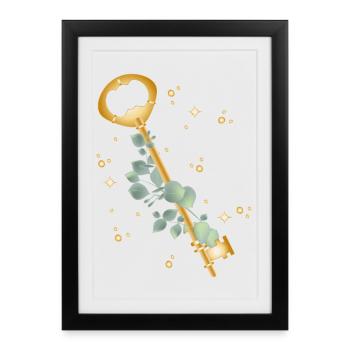 Clé dorée avec motif de branche d’eucalyptus - Affiche encadrée (27 × 37 cm) - noir - Devant