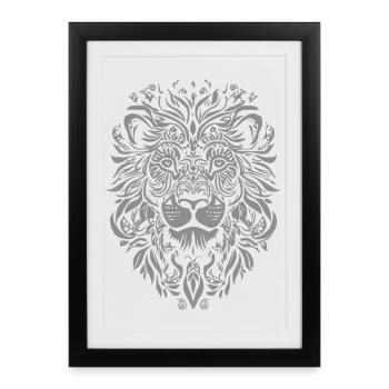 Lion Mandala Visage Tête de Lion Floral - Affiche encadrée (27 × 37 cm) - noir - Devant