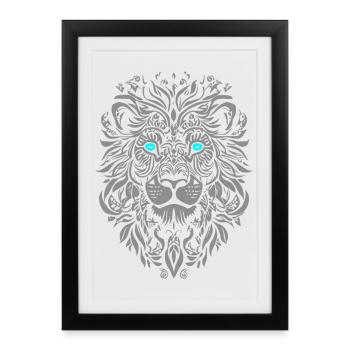 Silver lion with blue eyes and leaf pattern - Framed poster (27 × 37 cm) - black - Front