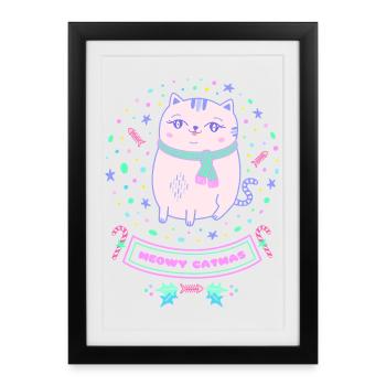 Meowy Catmas Pink Kawaii Christmas Cat - Framed poster (27 × 37 cm) - black - Front