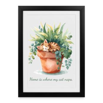 La maison, c’est là que mon chat fait la sieste – Aquarelle Art Plant - Affiche encadrée (27 × 37 cm) - noir - Devant