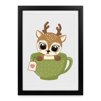 Fawn in Tea Mug Funny Forest Tea Drinker - Framed poster (27 × 37 cm) - black - Front