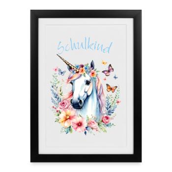 Romantisches Einhorn Blumenkranz - Schulkind 2026 - Gerahmtes Poster (27 × 37 cm) - Schwarz - Vorne