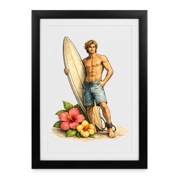 Surfeur avec planche sur une plage tropicale - Affiche encadrée (27 × 37 cm) - noir - Devant