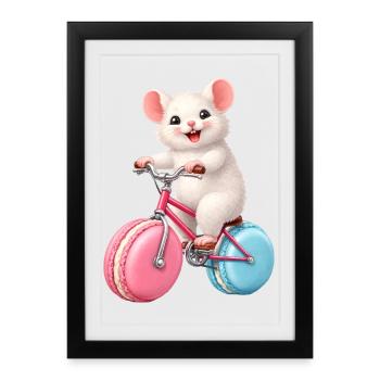 Souris sur vélo avec des roues de Macaron - Affiche encadrée (27 × 37 cm) - noir - Devant