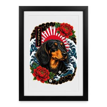 Dackel im japanischen Irezumi Tattoo Stil - Gerahmtes Poster (27 × 37 cm) - Schwarz - Vorne