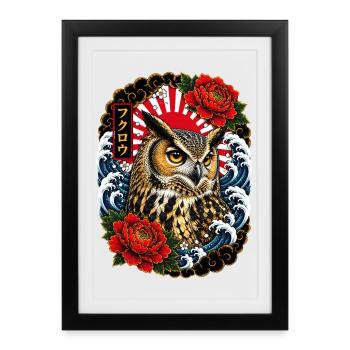 Eule im japanischen Irezumi Tattoo Stil - Gerahmtes Poster (27 × 37 cm) - Schwarz - Vorne