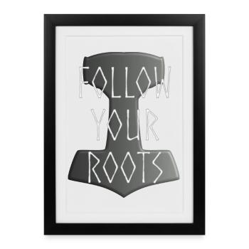 Mjölnir Donar Hammer Thor - Suivez votre gris Roots - Affiche encadrée (27 × 37 cm) - noir - Devant