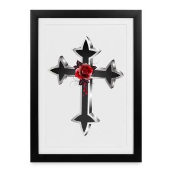 black silver gothic cross with red rose - Framed poster (27 × 37 cm) - black - Front