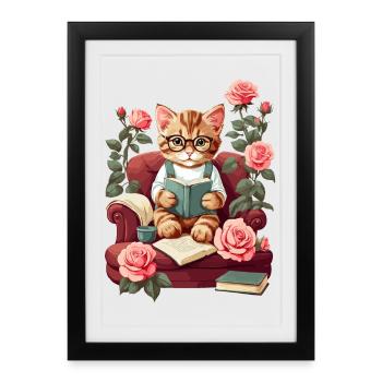 Cute Clever Cat with Reading Glasses - Framed poster (27 × 37 cm) - black - Front