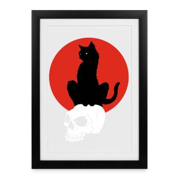 Chat noir et soleil rouge - Affiche encadrée (27 × 37 cm) - noir - Devant