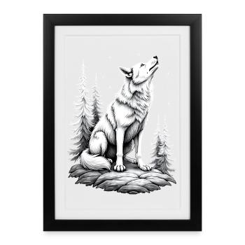 Wolf Zeichnung Skizze Illustration Schwarz Weiß - Gerahmtes Poster (27 × 37 cm) - Schwarz - Vorne