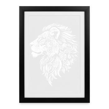 Tête de lion puissante avec une dynamique florale - Affiche encadrée (27 × 37 cm) - noir - Devant
