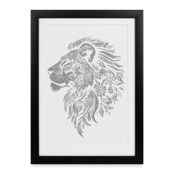 Tête de lion raffinée avec décoration florale - Affiche encadrée (27 × 37 cm) - noir - Devant