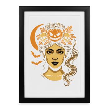 Femme d’Halloween avec couronne de citrouille et lune - Affiche encadrée (27 × 37 cm) - noir - Devant