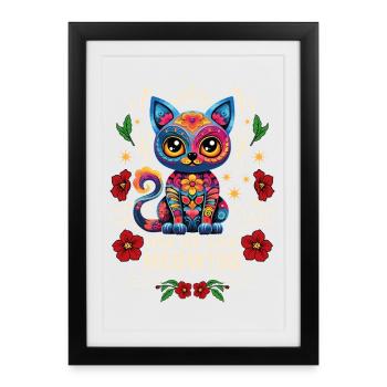 Dia De Los Muertos Meowtos Chat Fleurs Colorées - Affiche encadrée (27 × 37 cm) - noir - Devant