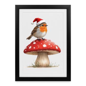 Robin in Santa Hat on a Red Mushroom - Framed poster (27 × 37 cm) - black - Front