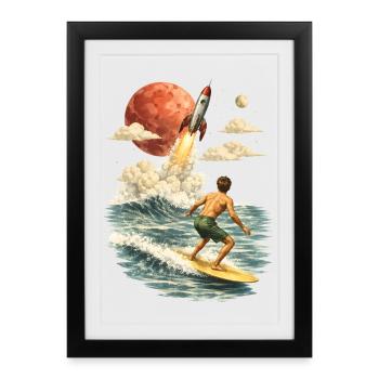 Surreal surf motif with rocket and moon - Framed poster (27 × 37 cm) - black - Front
