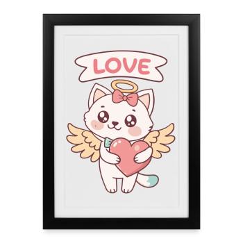 Chat Ange Cœur Kawaii - Affiche encadrée (27 × 37 cm) - noir - Devant