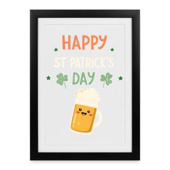 Saint-Patrick Happy Bière Dessin - Affiche encadrée (27 × 37 cm) - noir - Devant