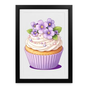Cupcake violet avec illustration de décoration fleurie - Affiche encadrée (27 × 37 cm) - noir - Devant