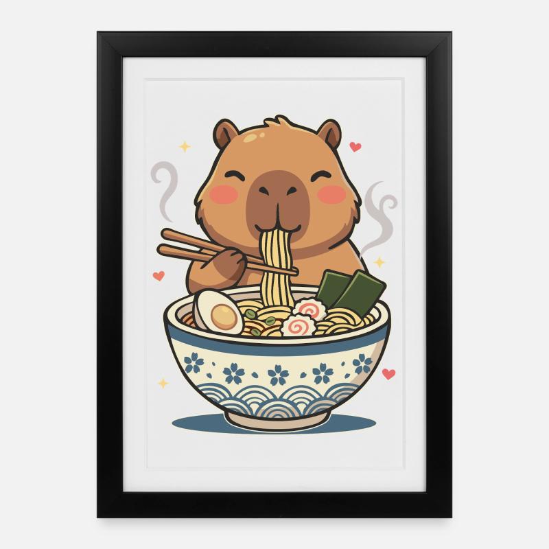 Ramen mignon Kawaii Capybara - Affiche encadrée (27 × 37 cm) - noir