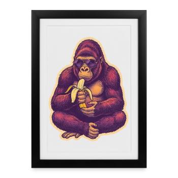 Gorille avec des lunettes de soleil mangeant une banane - Affiche encadrée (27 × 37 cm) - noir - Devant