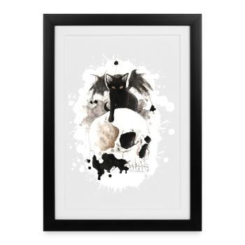 Chat sorcier sur un crâne - Affiche encadrée (27 × 37 cm) - noir - Devant
