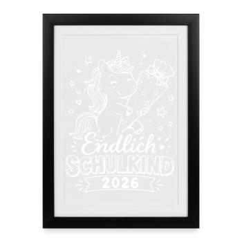Endlich Schulkind 2026 Einhorn - Gerahmtes Poster (27 × 37 cm) - Schwarz - Vorne