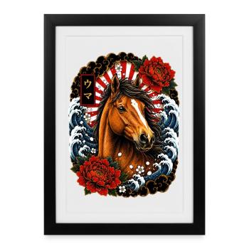 Pferd im japanischen Irezumi Tattoo Stil - Gerahmtes Poster (27 × 37 cm) - Schwarz - Vorne