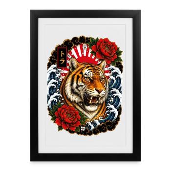 Tiger im japanischen Irezumi Tattoo Stil - Gerahmtes Poster (27 × 37 cm) - Schwarz - Vorne