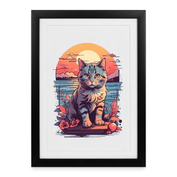 Cats Motif Cute, Sunset Cat by the Sea - Framed poster (27 × 37 cm) - black - Front
