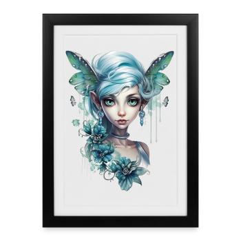Fée aux cheveux bleus et aux grands yeux – Fantasy - Affiche encadrée (27 × 37 cm) - noir - Devant