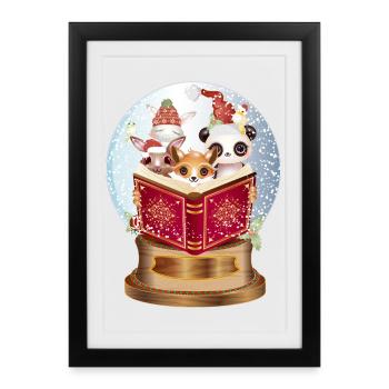 Animals reading in a snow globe at Christmas - Framed poster (27 × 37 cm) - black - Front