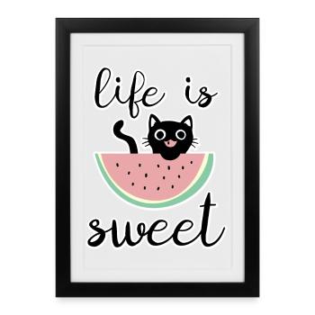 La vie est douce chat avec pastèque - Affiche encadrée (27 × 37 cm) - noir - Devant