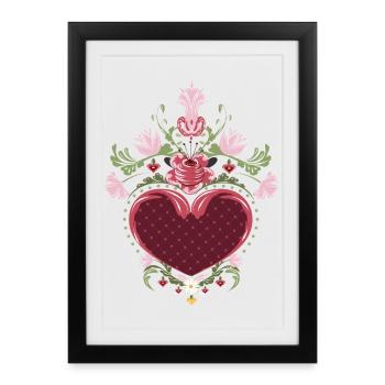 Coeur avec des fleurs - Design inspiré de la peinture paysanne - Affiche encadrée (27 × 37 cm) - noir - Devant