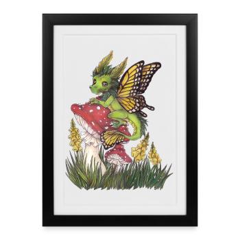 Forest Dragon on Toadstool Cute Butterfly - Framed poster (27 × 37 cm) - black - Front