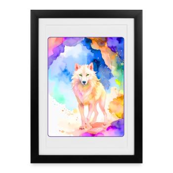 White wolf in front of colorful cave - Framed poster (27 × 37 cm) - black - Front