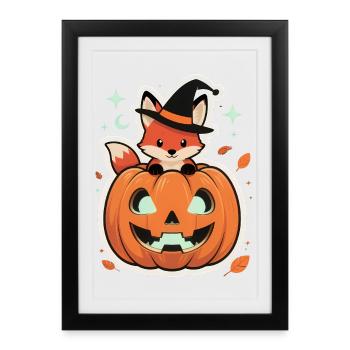 Mignon renard d’Halloween en citrouille avec chapeau de sorcière - Affiche encadrée (27 × 37 cm) - noir - Devant