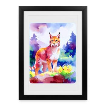 Lynx in the mountain forest (watercolour) - Framed poster (27 × 37 cm) - black - Front