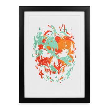 Crâne de citrouille d’horreur – Design artistique grunge - Affiche encadrée (27 × 37 cm) - noir - Devant
