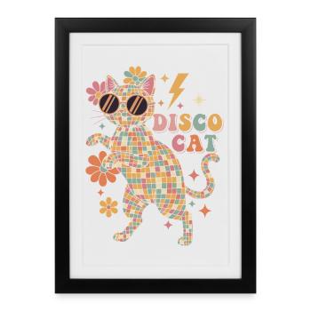 Techno Disco Cat Ball Party Drôle - Affiche encadrée (27 × 37 cm) - noir - Devant