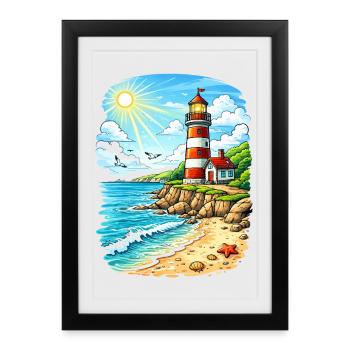 Phare sur la plage côtière ensoleillée - Affiche encadrée (27 × 37 cm) - noir - Devant