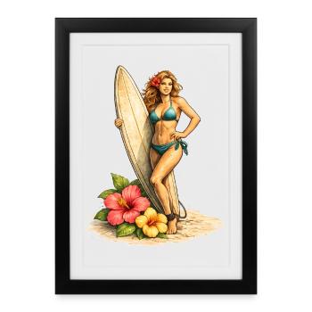 Surfeur avec planche et fleurs d’hibiscus - Affiche encadrée (27 × 37 cm) - noir - Devant