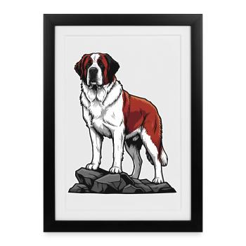 Chien Saint-Bernard sur Rocher Portrait Sauveteur - Affiche encadrée (27 × 37 cm) - noir - Devant
