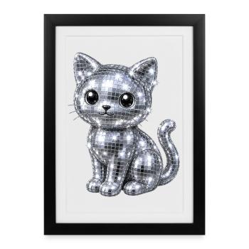 Katze Disco Glitzer - Gerahmtes Poster (27 × 37 cm) - Schwarz - Vorne